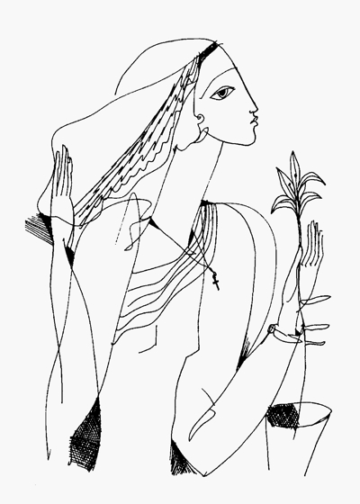 La jeune femme et la fleur de lys, dessin du peintre Aleksandar Zvjagin.