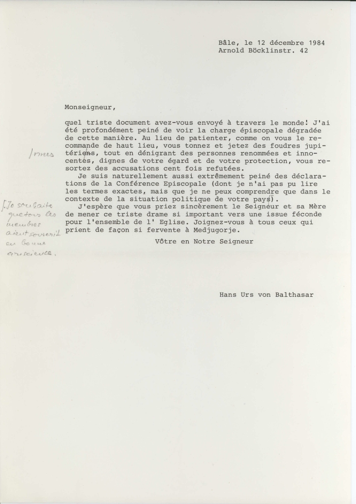 Lettre du théologien Hans Urs von Balthasar à son excellence Monseigneur Pavao Žanić, 12 décembre 1984.